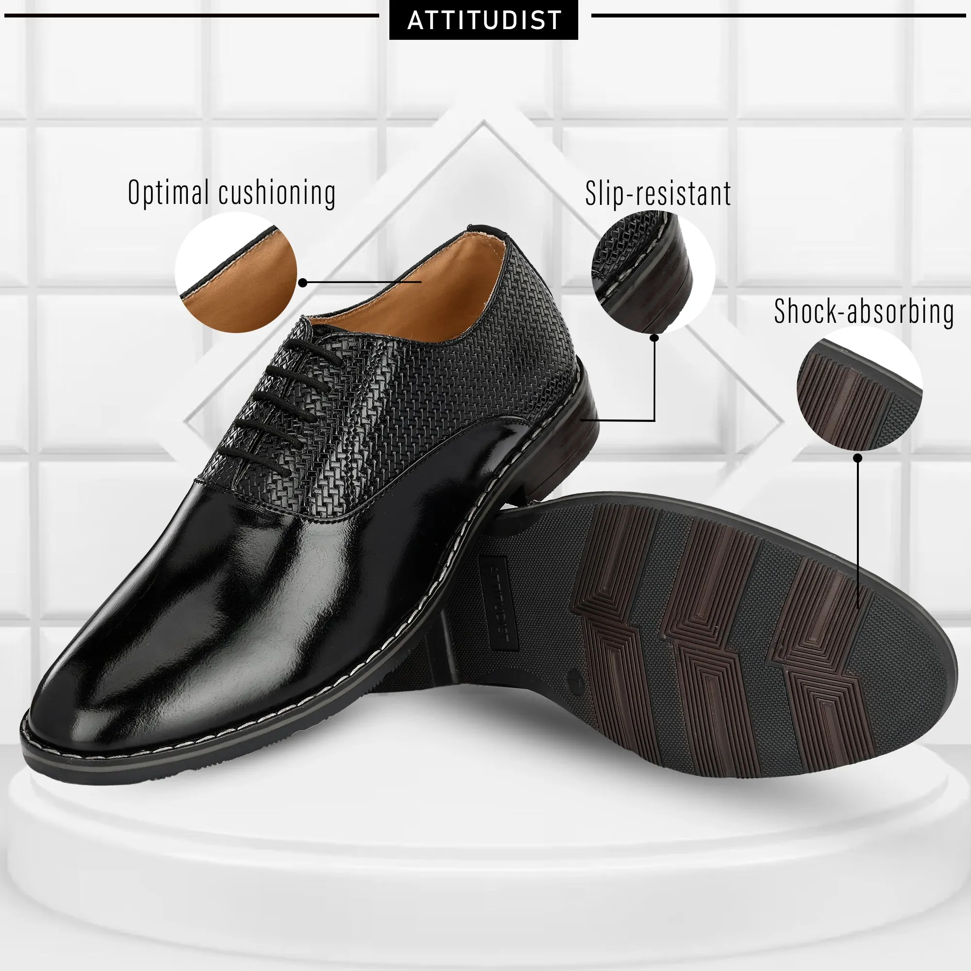 Attitudist Unisex Handcrafted Oxford Glossy Black Laceup Derby Shoes With Semi Chatai Design