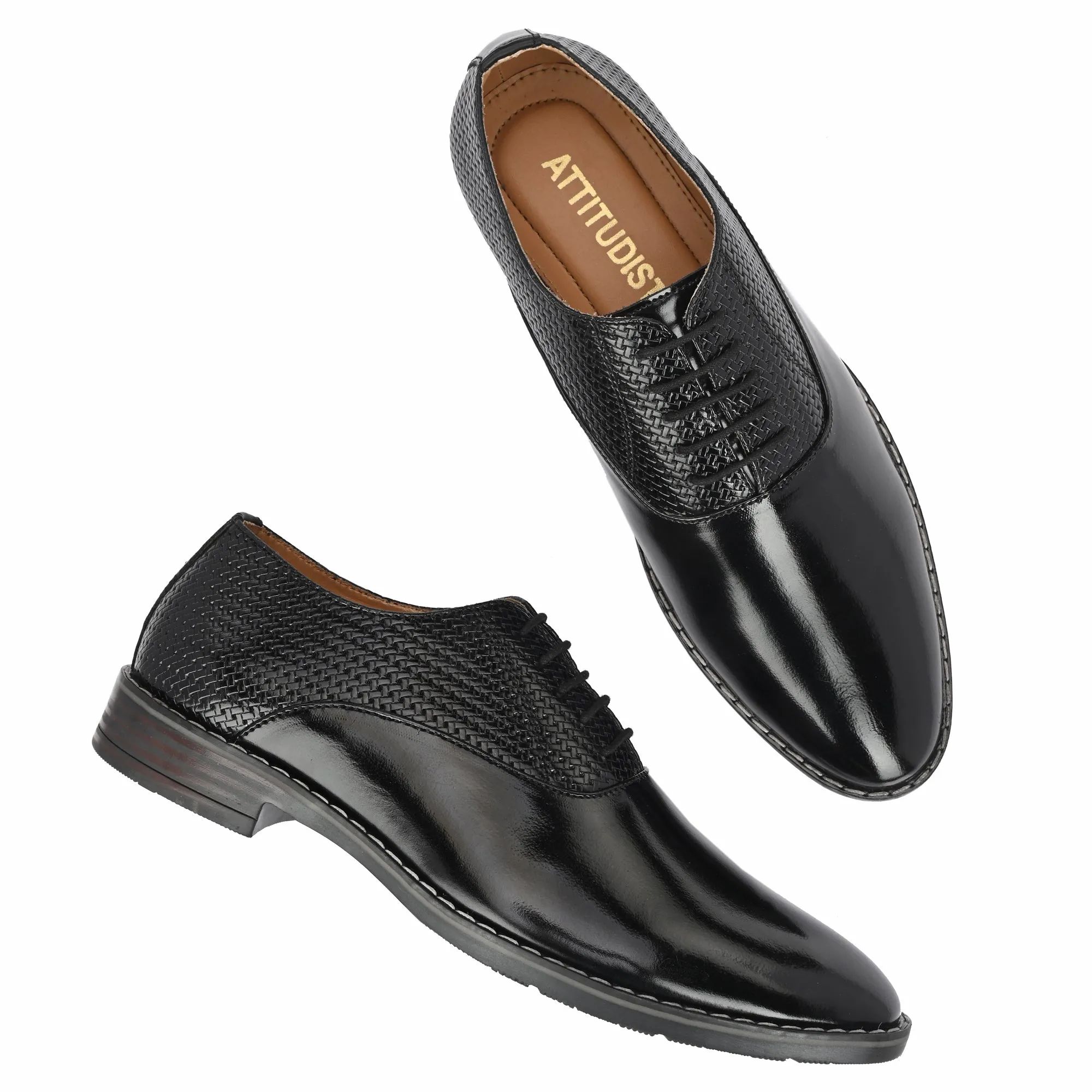 Attitudist Unisex Handcrafted Oxford Glossy Black Laceup Derby Shoes With Semi Chatai Design