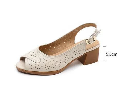 GX404 Women's Casual Shoes: Leather Hollow Sandals with Mid Heels