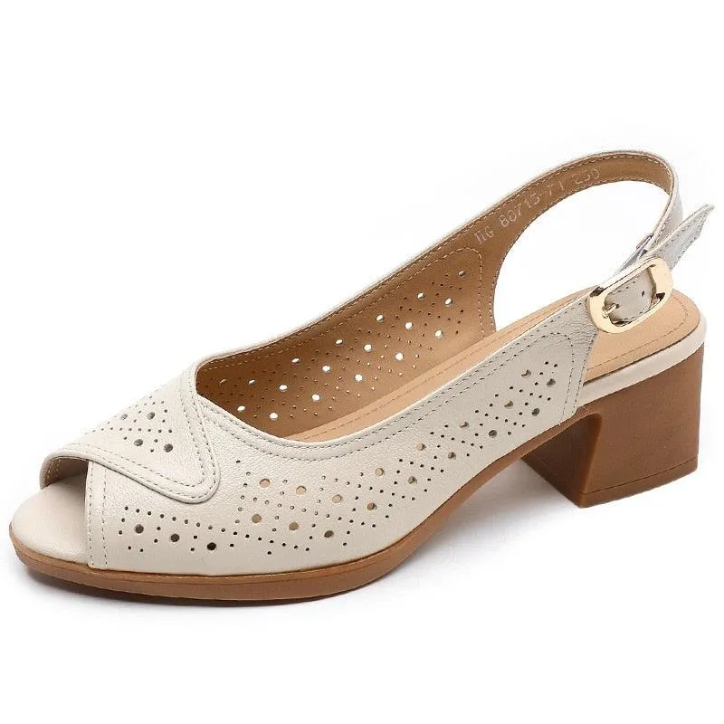 GX404 Women's Casual Shoes: Leather Hollow Sandals with Mid Heels