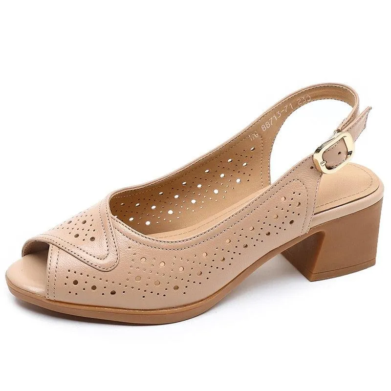 GX404 Women's Casual Shoes: Leather Hollow Sandals with Mid Heels