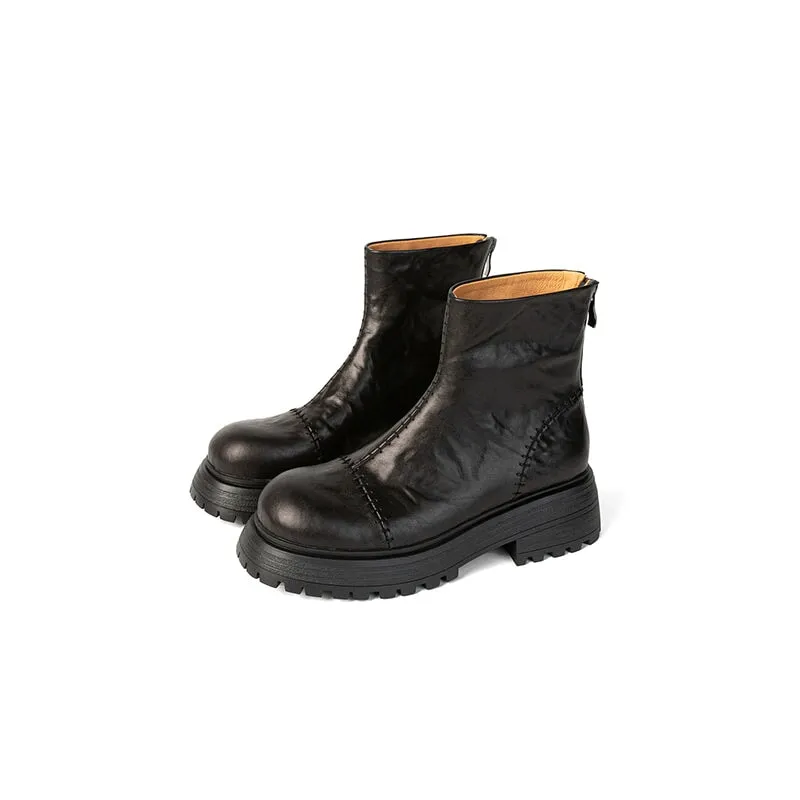 Leather Chunky Martin Boots With Stitching Back Zip Ankle Boots in Coffee/Black