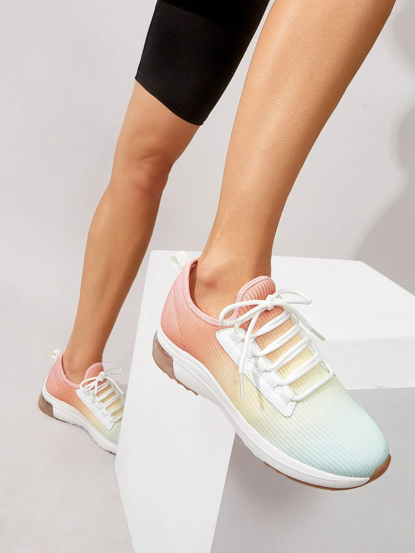 Ombre Lace Up Decor Knit Running Shoes