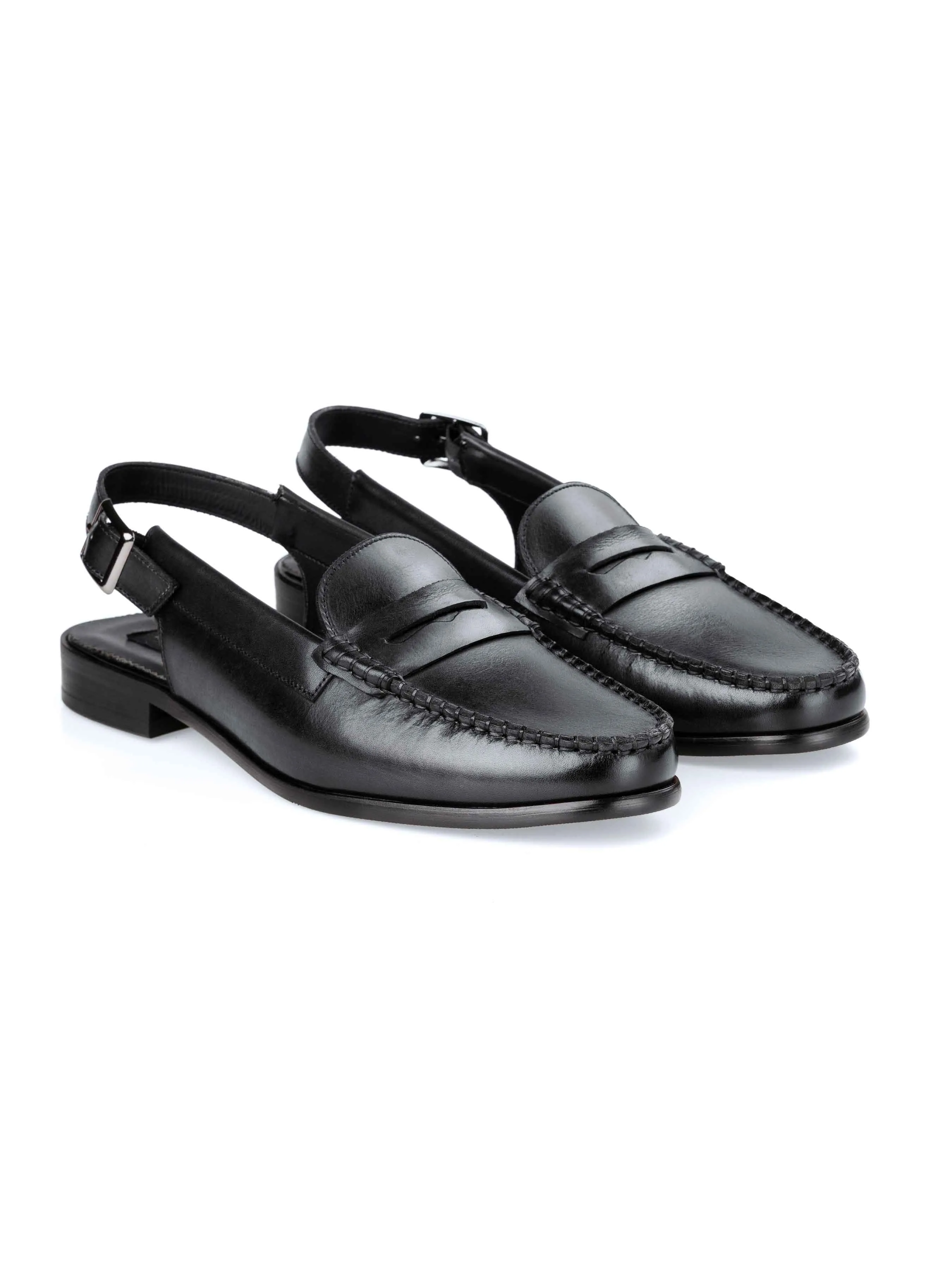 Penelope Penny Slingback Sandal - Black Leather