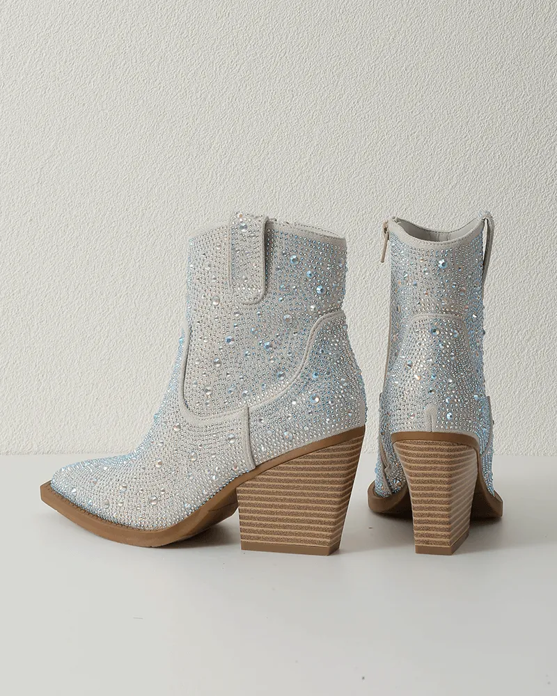 Rhinestone Pointed Toe Zipper Ankle Boots