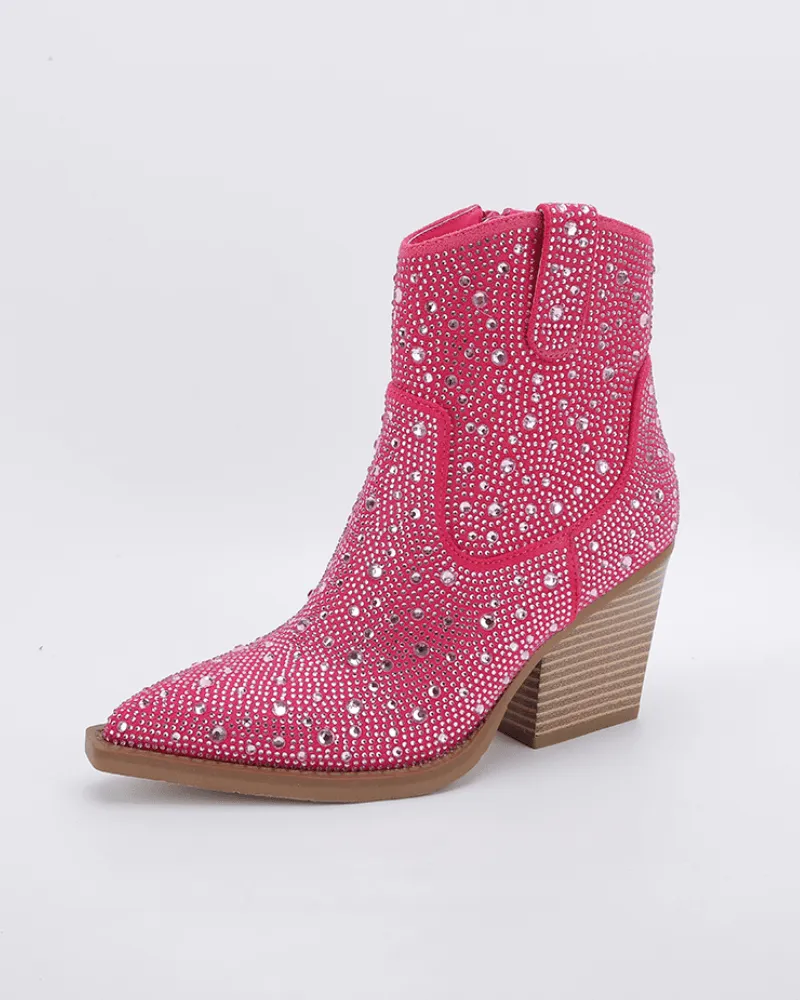 Rhinestone Pointed Toe Zipper Ankle Boots