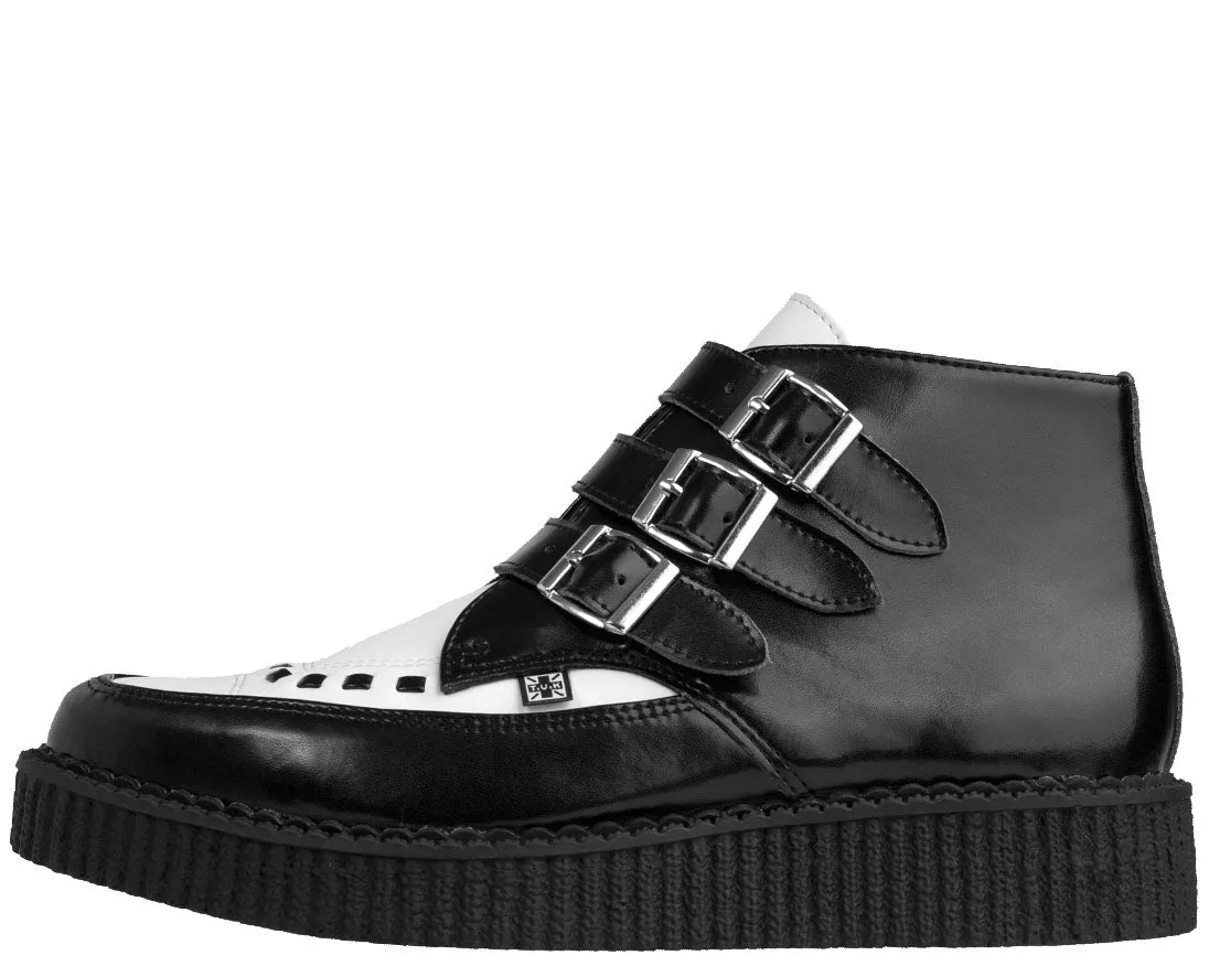 T.U.K Black White Leather 3 Buckle Creeper Boot