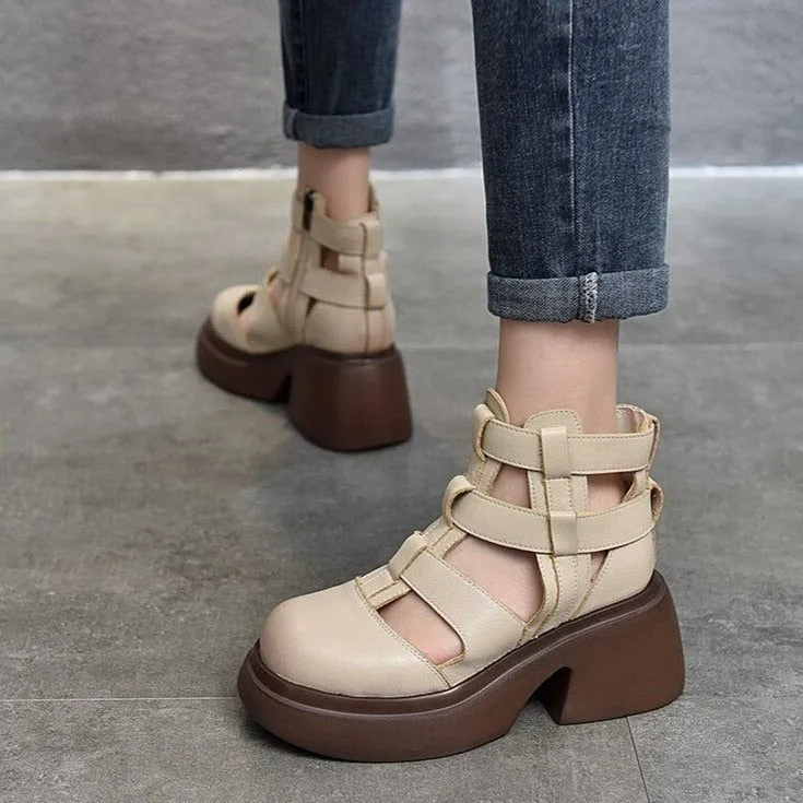 Women's Casual Shoes - Leather Gladiator Sandals, Thick Boots (FC119)