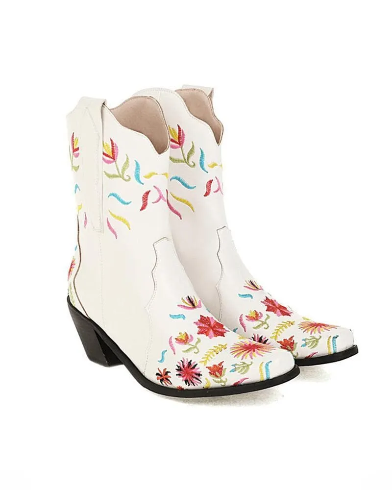 Women's Fashion Floral Embroidery Chunky Heel Cowboy Boots