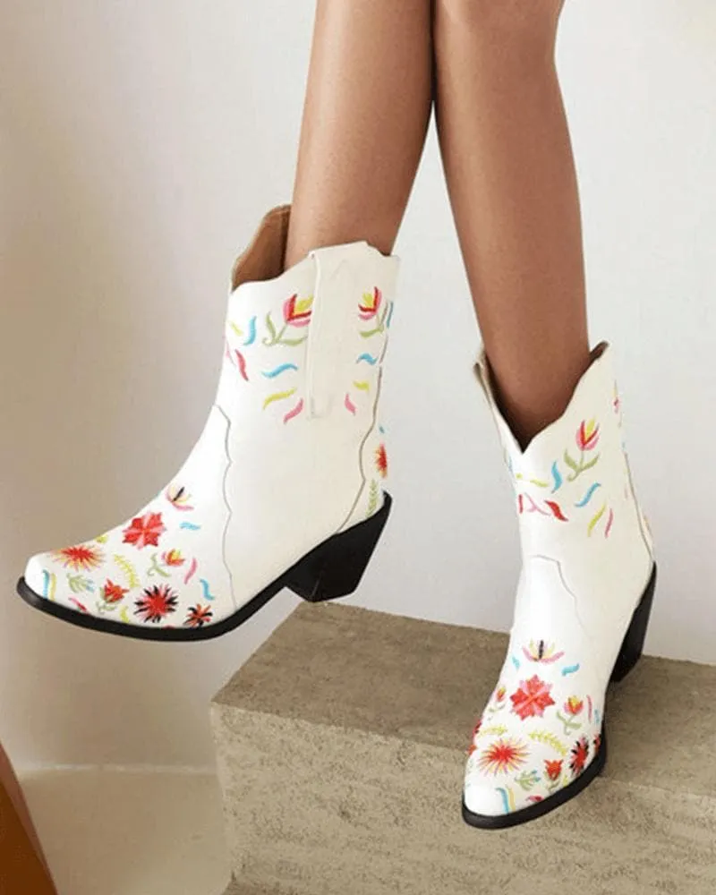 Women's Fashion Floral Embroidery Chunky Heel Cowboy Boots