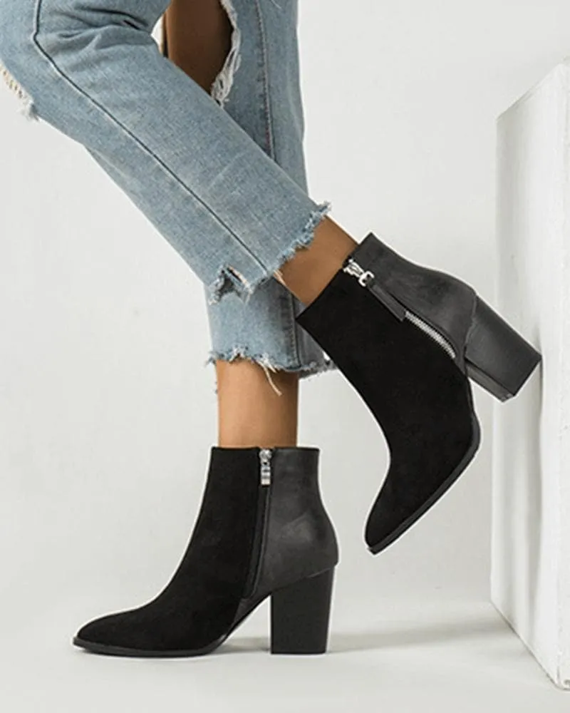 Women's Fashion Outdoor Color-Blocking Zipper Chunky Heel Ankle Boots